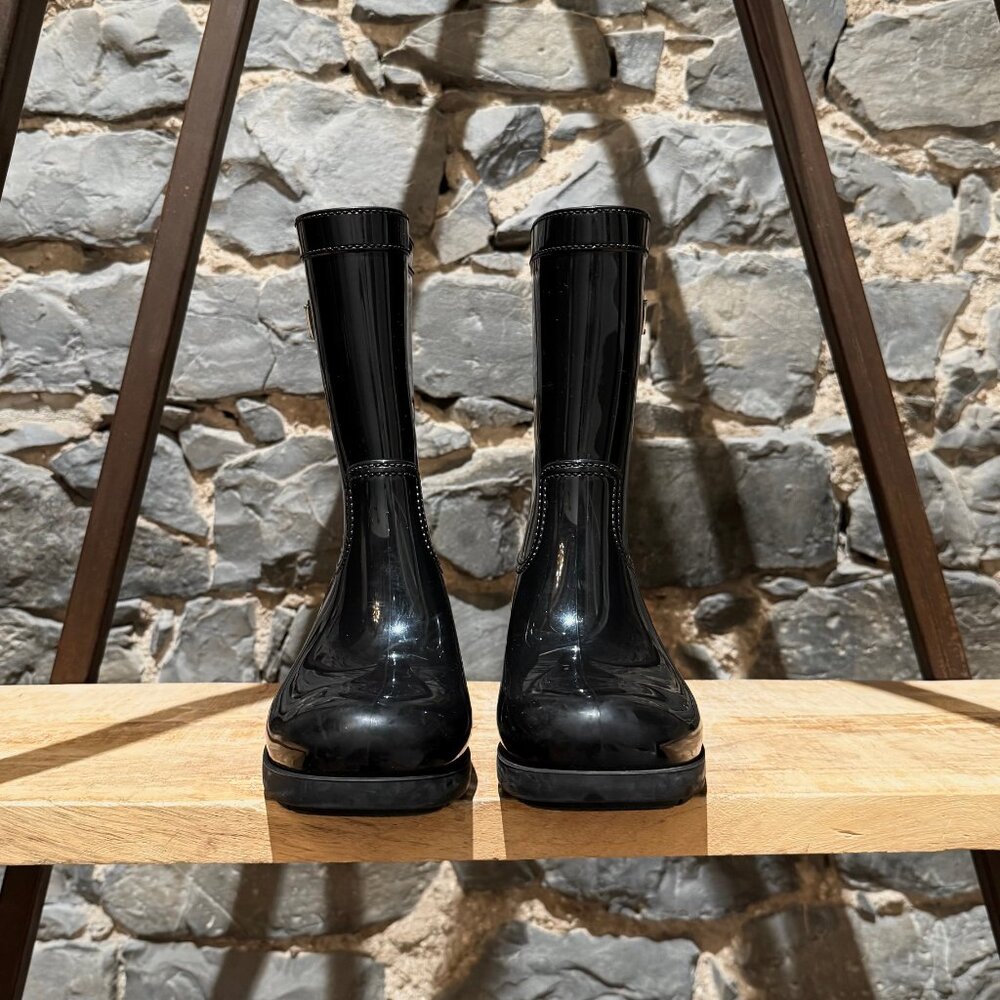 Prada Black Enamel Triangle Mid-Calf Rain Boots - Picture 4 of 14